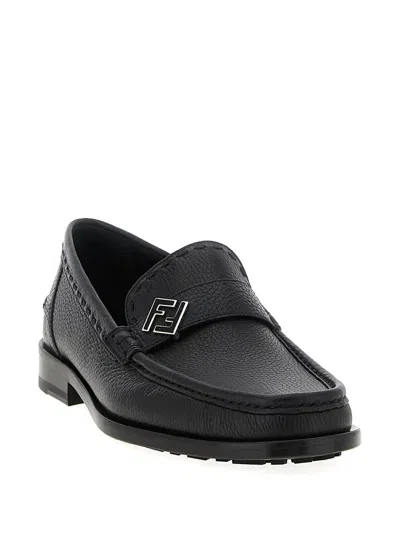 Fendi Round Toe Textured Leather Loafers In Black
