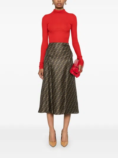Fendi Women Embroidered Silk Skirt In Brown
