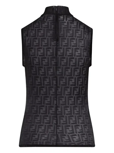 Fendi Women Black Crewneck Sleeveless Top With All-over Ff Motif And Rear Zip Closure In Tech Fabric