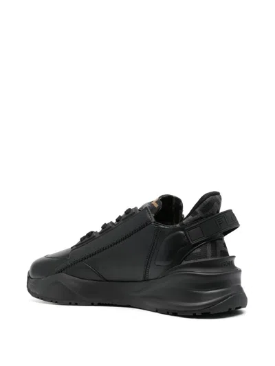 Fendi Men Leather Flow Sneakers With Ff Jacquard Fabric Inserts In Black