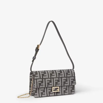 Fendi Wallet On Chain Baguette In Blue Denimeffect Ff Jacquard In Black