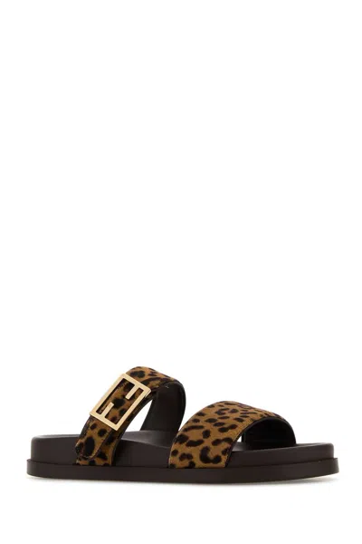 Fendi Feel Leopard Calf Hair Slide Sandals In Brown