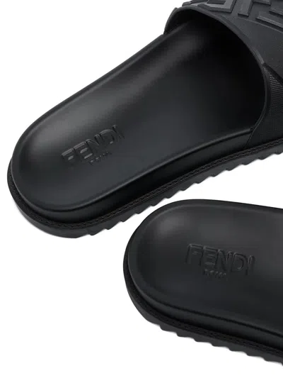 Fendi Rubber Slides With High Strap And Embossed Ff Motif Shoes In Black