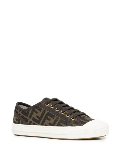 Fendi Low-top Sneakers With Monogram Pattern And Gold-tone Accents In Black