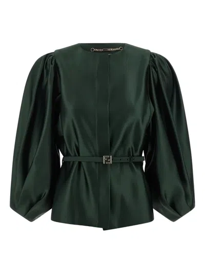 Fendi Satin Jacket With Balloon Sleeves And Belt In Green