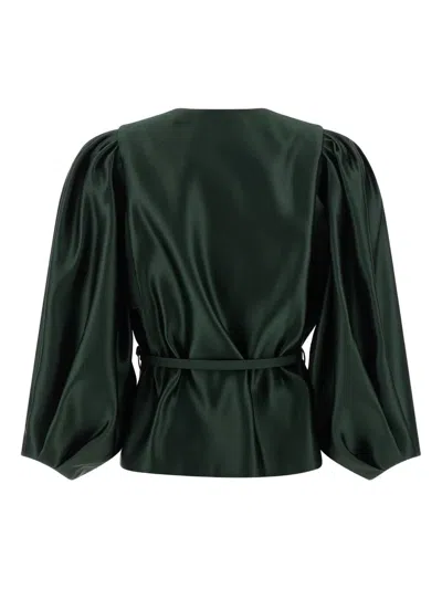 Fendi Satin Jacket With Balloon Sleeves And Belt In Green