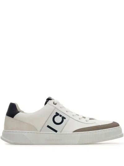 Ferragamo Alaska Leather And Suede Sneaker With Gancini Detail In White