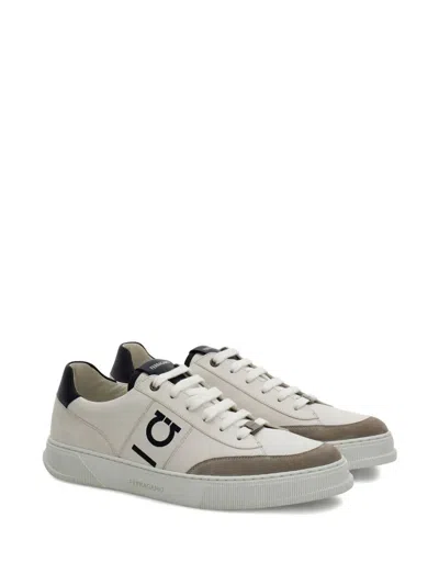 Ferragamo Alaska Leather And Suede Sneaker With Gancini Detail In White