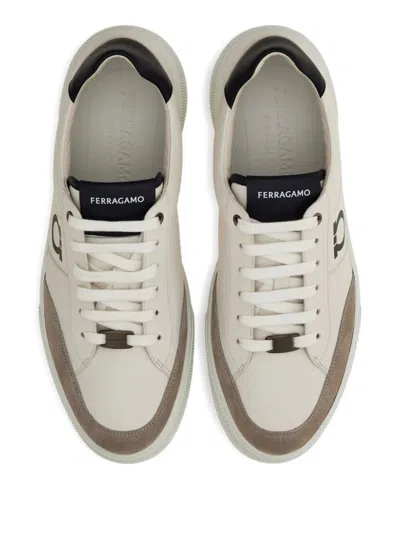 Ferragamo Alaska Leather And Suede Sneaker With Gancini Detail In White