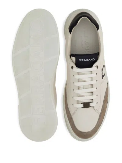 Ferragamo Alaska Leather And Suede Sneaker With Gancini Detail In White
