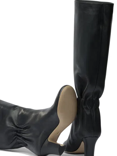 Ferragamo Knee-high Boots With Curled Design And Block Heel In Black