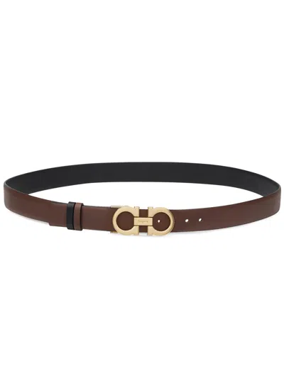 Ferragamo Double Gancini Buckle Belt In Brown