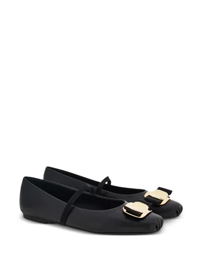 Ferragamo Lambskin Flats With Gold-tone Buckle Detail In White