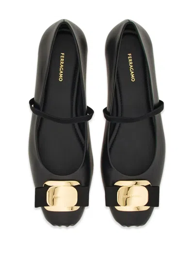 Ferragamo Lambskin Flats With Gold-tone Buckle Detail In White