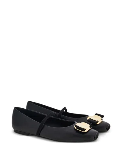 Ferragamo Lambskin Flats With Gold-tone Buckle Detail In White