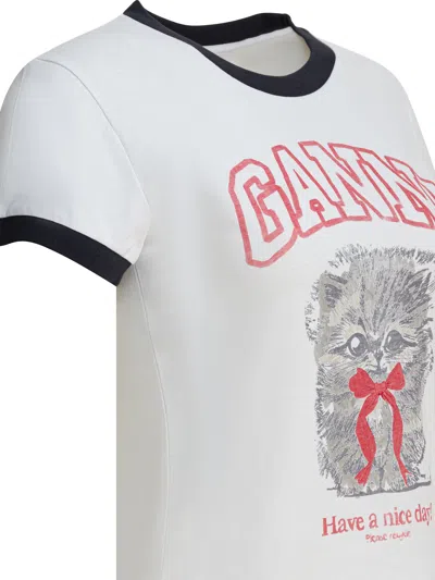 Ganni Women White Crewneck T-shirt With Maxi Print On The Front In Cotton Woman In Multi