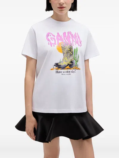 Ganni Graphic Print Relaxed Fit Short Sleeve Top In White