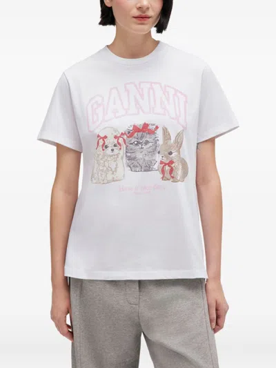 Ganni Graphic Print Crew Neck Short Sleeve Top In White