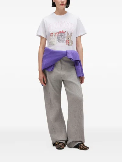 Ganni Graphic Print Crew Neck Short Sleeve Top In White