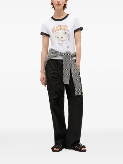 Ganni Cropped Kitty Logo Graphic Tee In White