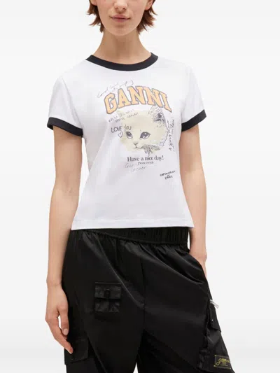 Ganni Cropped Kitty Logo Graphic Tee In White