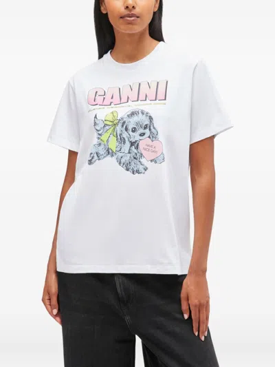 Ganni Women Puppy Print And Logo T-shirt In White