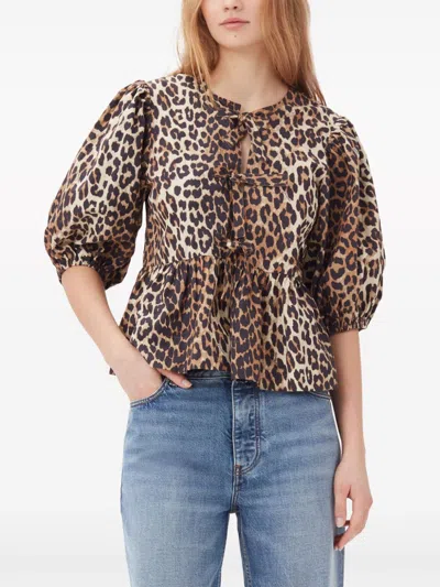 Ganni Tan Leopard Cotton Poplin Peplum Tie Blouse In Black