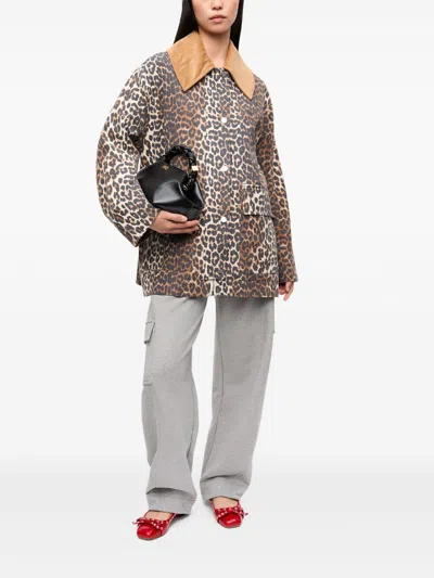 Ganni Leopard Printed Canvas Midi Puffer Jackets Brown In Animal Print