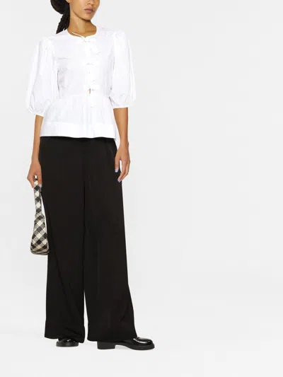 Ganni Poplin Front-tie Peplum Blouse With Puffed-sleeves In White