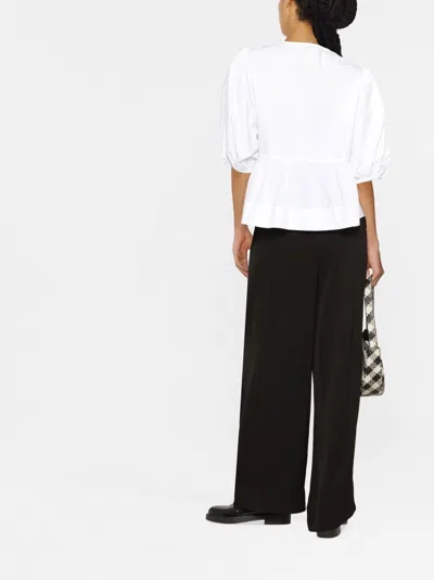 Ganni Poplin Front-tie Peplum Blouse With Puffed-sleeves In White