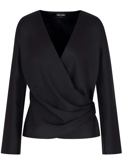 Giorgio Armani Silk Satin Draped V-neckline Waist Long Sleeves In Black
