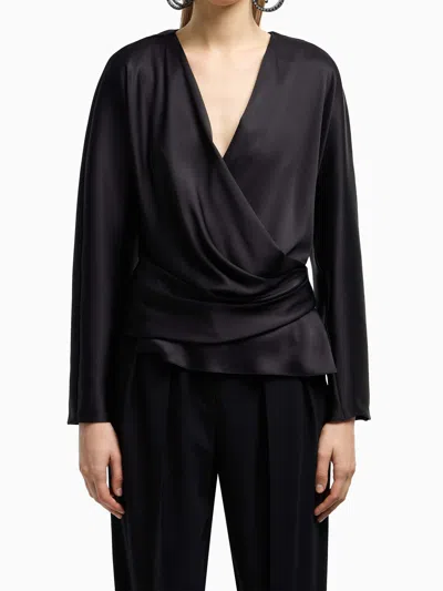 Giorgio Armani Silk Satin Draped V-neckline Waist Long Sleeves In Black