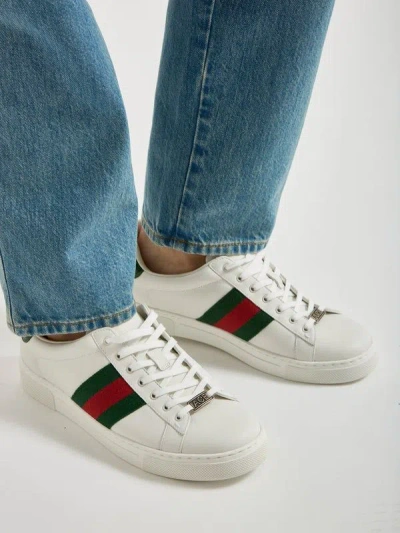 Gucci Ace Leather Sneakers With Lateral Web Band In White