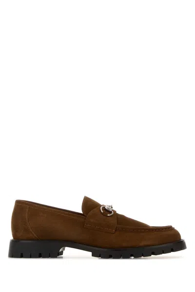 Gucci Men Brown Suede Loafers In Brown