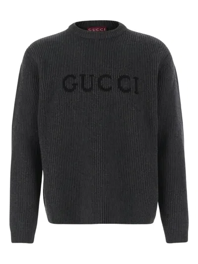 Gucci Grey Crewneck Sweater With Logo Lettering Embroidery On The Front In Wool Man In Gray