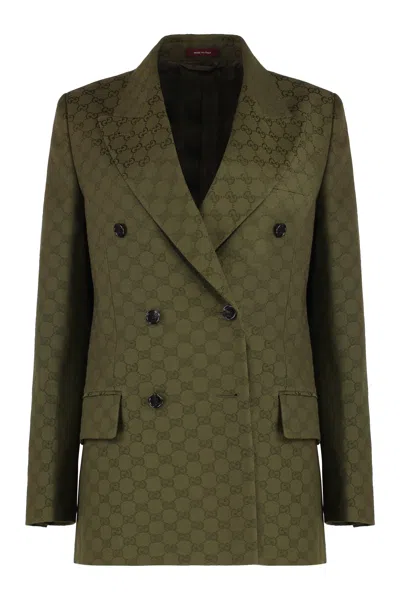 Gucci Green Double-breasted Jacket With Peak Revers In Gg Canvas Woman In Green