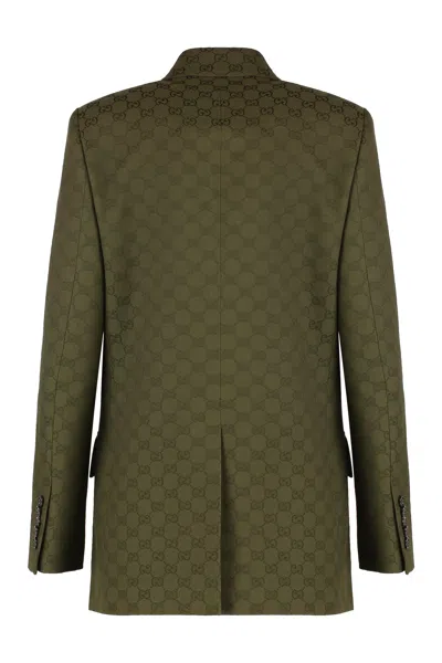 Gucci Green Double-breasted Jacket With Peak Revers In Gg Canvas Woman In Green