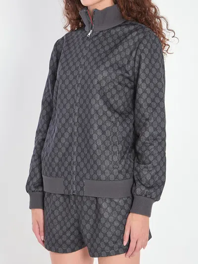 Gucci Grey Sweatshirt With High Neck And All-over Gg Print In Tech Fabric Woman In Gray