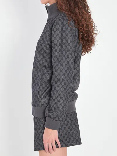 Gucci Grey Sweatshirt With High Neck And All-over Gg Print In Tech Fabric Woman In Gray