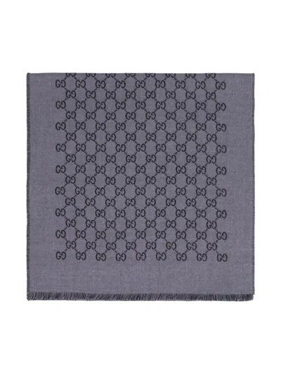 Gucci Scarf In Wool With Jacquard Gg Motif In Gray