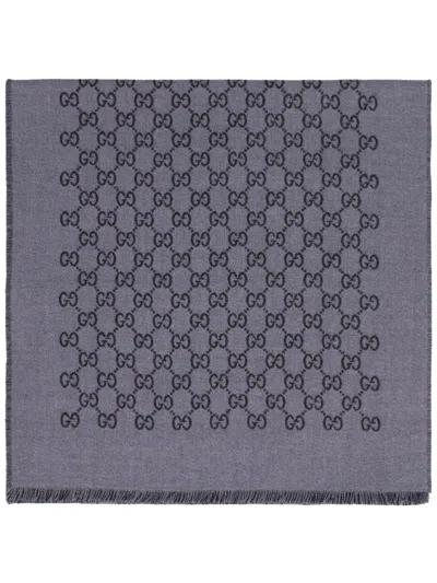Gucci Scarf In Wool With Jacquard Gg Motif In Gray