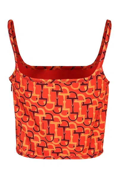 Gucci Orange Top With Spaghetti Straps And All-over Horsebit Print In Cotton Woman In Animal Print