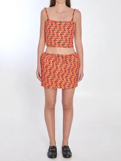 Gucci Orange Top With Spaghetti Straps And All-over Horsebit Print In Cotton Woman In Animal Print