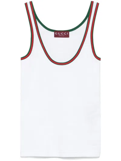 Gucci Women White Ribbed Top With Web Detail On The Edges In Cotton Woman