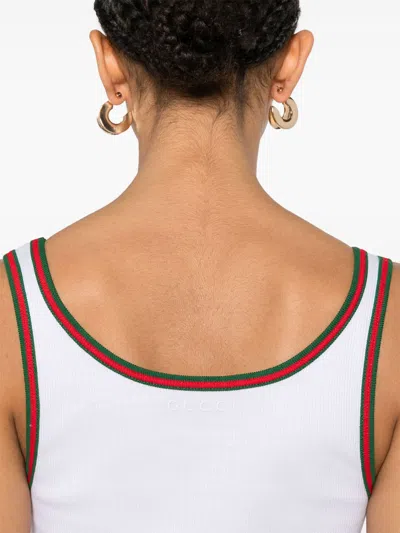 Gucci Women White Ribbed Top With Web Detail On The Edges In Cotton Woman