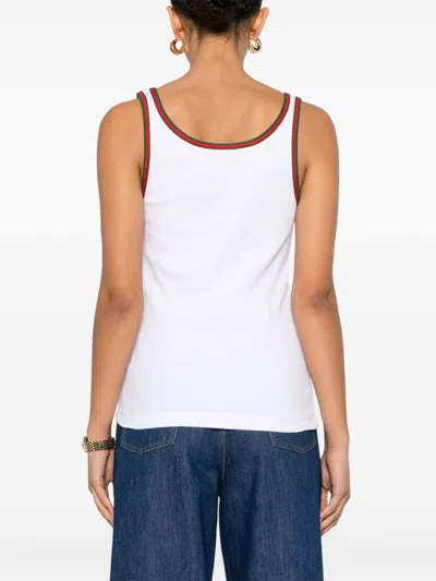 Gucci Women White Ribbed Top With Web Detail On The Edges In Cotton Woman
