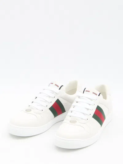 Gucci Leather Sneakers With Lateral Web Band In White