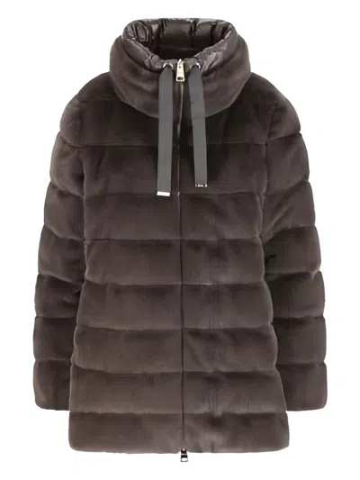 Herno Grey Down Jacket In Faux Fur With Hood In Brown