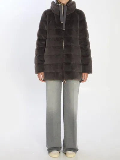 Herno Grey Down Jacket In Faux Fur With Hood In Brown