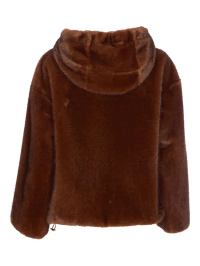 Herno Dark Brown Faux Fur Bomber Jacket With Custom Drawstring Hood